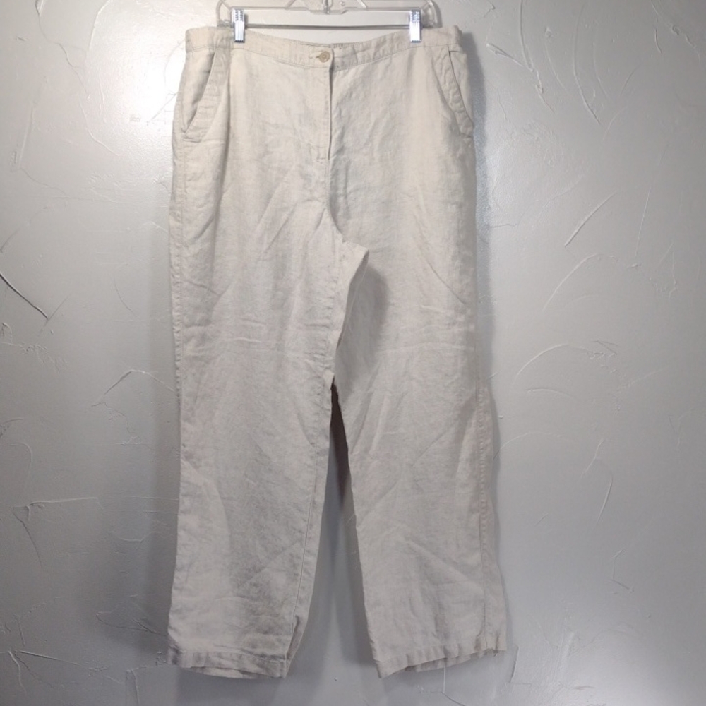 L.L. Bean Classic Fit Cream Linen High Waist Straight Trousers Women's 20M/Tall